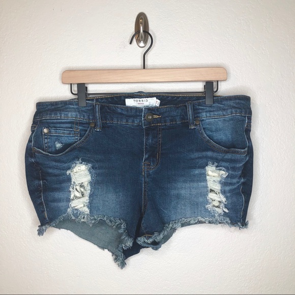 torrid Pants - Torrid Raw Hem Distressed Shorts Lace Detail
